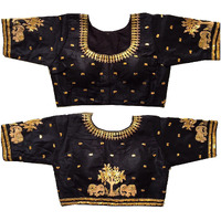 Pujia Mills Women's Multicolor Phantom Silk Heavy Elephant Gold Thread Embroidery Sequins Zari Work Half Sleeves Readymade Saree Blouse (38 Size +Margin)