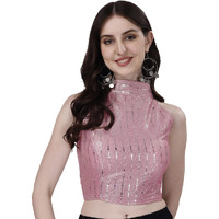 Pujia Mills Womens Readymade Fancy Halter Neck Sleeveless Saree Blouse.(Halter Neck Sequins Pink_38)