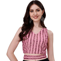 Pujia Mills Women's Emblished Sequins Sleeveless Fancy Baby Pink Blouse With Belt (Belt Sequins Baby Pink_38)