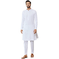 See Designs Men's Long Sleeve Mandarin Collar Side Slit White Embroidered Chikankari Pure Cotton Straight Kurta - Sdkt2566M