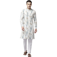 See Designs Men Mandarin Collar White & Blue Pure Cotton Printed Staright Full Sleeve Kurta With Pajama - Sd2Mkt_122501Xxl