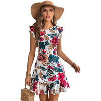Shasmi Girl's & Women's White Floral Print Cap Sleeve Ruffle Trim Short Dress Summer Boho One Piece Mini Dress For Women Stylish Dresses (Midi 170 White-S)