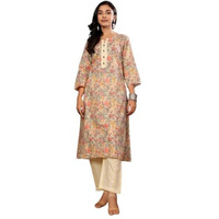 Varanga Varnaga Grey And Green Floral Printed Straight Kurta With Trouser Set | Round Neckline With V-Cut | 3/4Th Sleeves | Side Slits | Comfortable Elasticated Trousers (Large)