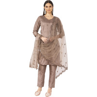 Womanista Women's Brown Color Silk Blend Mirror Work Embroidered Kurta Set(Kurtaset_1335_S)