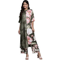 Varanga Women Olive Floral Printed Assymetric Straight Kurta Paired With Tonal Printed Bottom