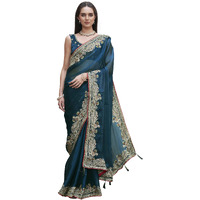 Womanista Women's Teal Colored Zari Embroidered Saree(Ti7006_Teal_Onesize)