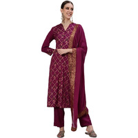Ishin Women's Silk Blend Burgundy Foil Printed A-Line Kurta Set With Trouser And Dupatta