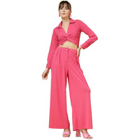 Oomph! Women's Stretchable Lycra Top And Trouser Pant Set |Two Piece Co-Ord Set | Wester Wear Regular Fit | Stylish Multipurpose Top - Bottom Pair - Pink