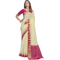 Satrani Women's Chinnon Weaving Border Saree With Unstitched Blouse Piece (4247S619N_Cream & Pink)