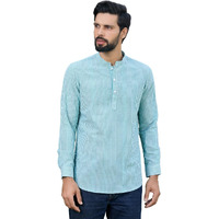 See Designs Men's Roll-Up Sleeve Mandarin Collar Green Woven Striped Cotton Short Kurta - Sdkt2961M