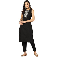 Stylum Women's Embroidered Cotton Blend Straight Kurta Pant Set (In, Alpha, Xl, Regular, Black)