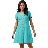 Fabindia Women's Teal Cotton Linen Straight Knee Length Dress 2115176Teal