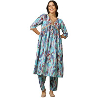 Greciilooks Women Semi Cotton Alia Cut Regular Fit Kurta Set (Blue, Large)