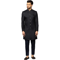 Kisah Men's Navy Blue Sherwani Trousers Set, Cotton Full Sleaves, Knee Length, Straight, Regular Fit, Mandarin Collar Ethnic Wear