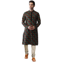 Kisah Men's Kurta Churidar Set, Multi Cotton Blend, Printed Regular Fit Mandarin Collar Long Sleeves (40)