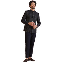 Kisah Men's Jodhpuri Bandhgala-Blazer Trouser Set, Navy Blue Silk Blend, Woven Design Regular Fit Mandarin Collar Long Sleeves (42)