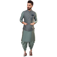 Kisah Mens Kurta Jacket Dhoti Set, Jacquard Silk Blend Mandarin Collar Long Sleeves, Green Ethnic Wear Set For Men, 38