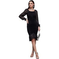 Miss Chase Women's Square Puff Sleeve Solid Ruching Midi Dress(Mcss23D98-34-62-06, Black, Xl)
