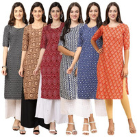 Pinkmint Women's Crepe Digital Print Straight Kurta [Pack Of 6](Nv-377-379-374-348-353-354-L)