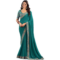 Satrani Women's Georgette Sequence Embroidery Lace & Bandhani Printed Saree With Unstitched Blouse Piece (4115S902N_Teal Green)