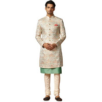 Kisah Men's Kurta Sherwani Churidar Set Indo-Western, Multi Jacquard, Woven Design Regular Fit Mandarin Collar Long Sleeves (40)