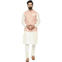 Kisah Men Golden Coloured Kurta With Churidar Jacket, Full Sleaves, Knee Length, Straight, Regular Fit, Mandarin Collar Ethnic Wear
