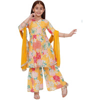 Preneum Girls's Cotton Rayon Printed Angrakha Kurta With Sharara & Dupatta, Yellow, 5-6 Years