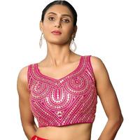 Pujia Mills Fancy Women's Foil Mirror And Thread Zari Work Sweetheart Neck Silk Sleeveless Blouse (Pc Bindi Foil Parent) (Pink, 34)