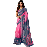 Satrani Women's Linen Zari Border Printed Ready To Wear One Minute Pre Pleated Readymade Saree With Unstitched Blouse Piece (34Rs326N_Dark Pink & Dark Navy Blue)