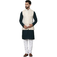 Sojanya (Since 1958 Men's Pure Cotton Brown Kurta And White Pyjama With Cream Nehru Jacket