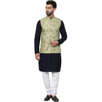 Sojanya (Since 1958 Men's Pure Cotton Navy Kurta And White Pyjama With Printed Pista Green Nehru Jacket