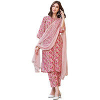 Sanisa Women's Rayon Blend Floral Printed Straight Kurta With Pant And Dupatta | Ethnic Set | Suit Set | Kurta Set(148Kbd1604N-Xxl_Light Pink & Multi)