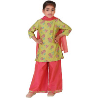Fabindia Girl's Cotton Silk Printed Regular Kurta Set (1036697Lime_Lime