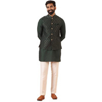 Kisah Mens Kurta Jacket Trouser Set|Silk Blend Fabric Self Design Pattern Stylish Mens Ethnic Wear|Regular Fit Mandarin Collar Long Sleeves, Green, 42