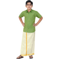 Boys Cotton Half Sleeve Self Design Shirt With Stitched Art Silk Dhoti For Boys (Madriyad-Green)