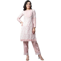 Greciilooks Cotton Floral Kurti Festive Regular Fit Kurta Set For Women (Gl-K2612&P54_Light Pink_L)