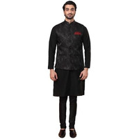 Kisah Men's Ethnic Wear Regular Fit Silk Blend Self Design Black Kurta Churidar And Jacket Set, 36