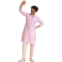 Kisah Mens Kurta Trouser Set, Cotton Blend Embroidered Mandarin Collar Long Sleeves, Lavender Ethnic Wear Set For Men, 44