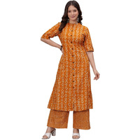 Rytras Women's Pure Cotton Printed A-Line Kurta Set With Palazzo Pants - Ethnic Wear, Mustard(Ryt622-New,Xxl)