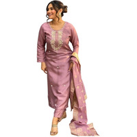 Shiv Textiles Women's Chanderi Silk Embroidered Kurta Pant Dupatta Set(Jda-Vanni-Onion-S)