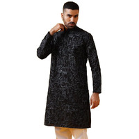 Sojanya (Since 1958 Men's Cotton Silk Kantha Thread Embroidered Black Long Kurta