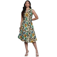Varanga Women Off White Floral Printed Sleeveless A Line Dress.