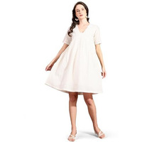 Womanista Women's Off White Cotton Schiflli With Crocio V-Neck Lace A-Line Ethnic Dress Knee Length (Ethnicdress_117 Xl)