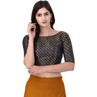 Oomph! Women's Indian Ethnic Wear Designer Square Leaf Pattern Boat Neck Half Sleeve Brocade Midnight Blue Blouse For Saree Or Lehnga And Blousepalazzos Or Skirts For A Fusion Twist.