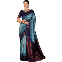 Satrani Women's Banarasi Jacquard Kanjivaram Zari Stripe Silk Saree With Unstitched Blouse Piece (3757S107N_Blue & Navy Blue)