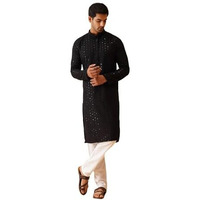 Sojanya (Since 1958 Men's Pure Cotton Black Embroidered Sequined Kurta And White Pyjama Set