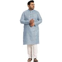 Sojanya Plus (Since 1958) Men's Cotton Linen Blue Foil Printed Kurta And White Pyjama Set