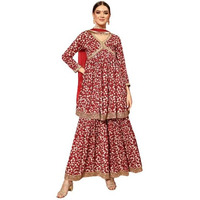 Varanga Women Pink Floral Printed Short Kurta Paired With Tonal Sharara And Dupatta