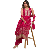 Xomantic Fashion Rani Pink Zariwork Georgette Readymade Salwar Suit (Large, Pink)