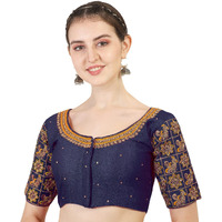 Vihu Fashion Women's Silk Floral Half Sleeve Readymade Blouse (Navy Blue Mayura - Blouse 38_Navy Blue_38)